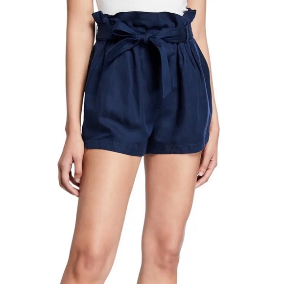 Frame Navy Blue Belted Paperbag Linen Pocket Shorts High-Rise